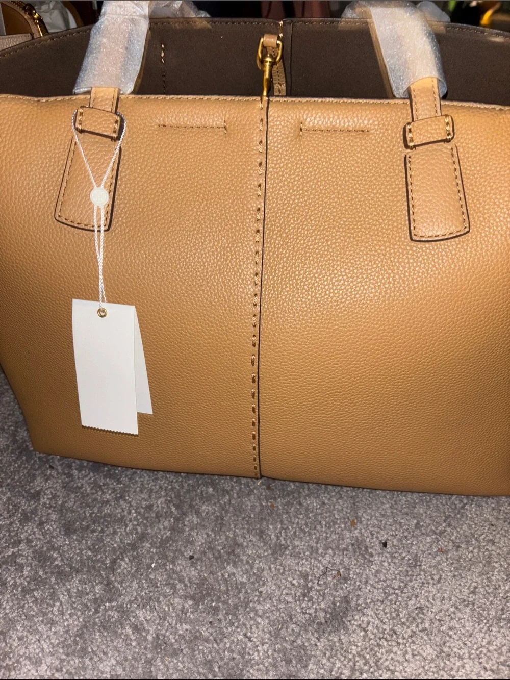 Tory Burch Camel Tan Pebbled Leather Tote with Logo